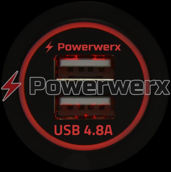 Picture of Powerwerx Backlit Red Panel Mount Dual USB 4.8A Fast Device Charger for 12/24V Systems
