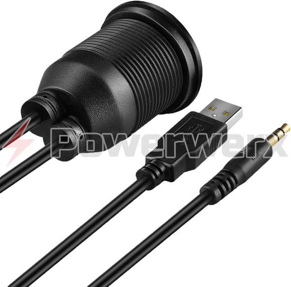 Picture of Powerwerx Panel Mount Combination USB 2.0 and 3.5mm Stereo Jack with 6 ft. Extension Cables