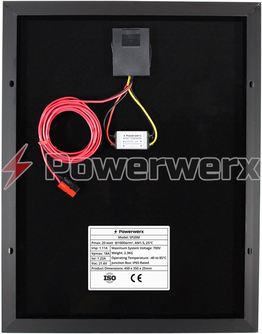 Picture of Powerwerx SP20M-BP 20 Watt Solar Panel for Charging Bioenno Power LiFePO4 Batteries
