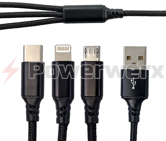 Picture of USB3in1 Black Adaptor Cable, USB input to Apple Lightning, USB Type C and USB Micro