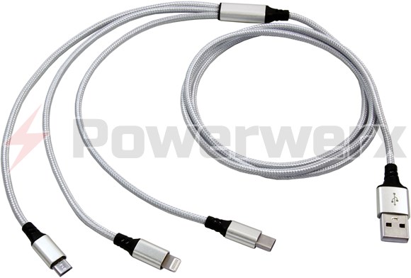 Picture of USB3in1 Silver Adaptor Cable, USB input to Apple Lightning, USB Type C and USB Micro